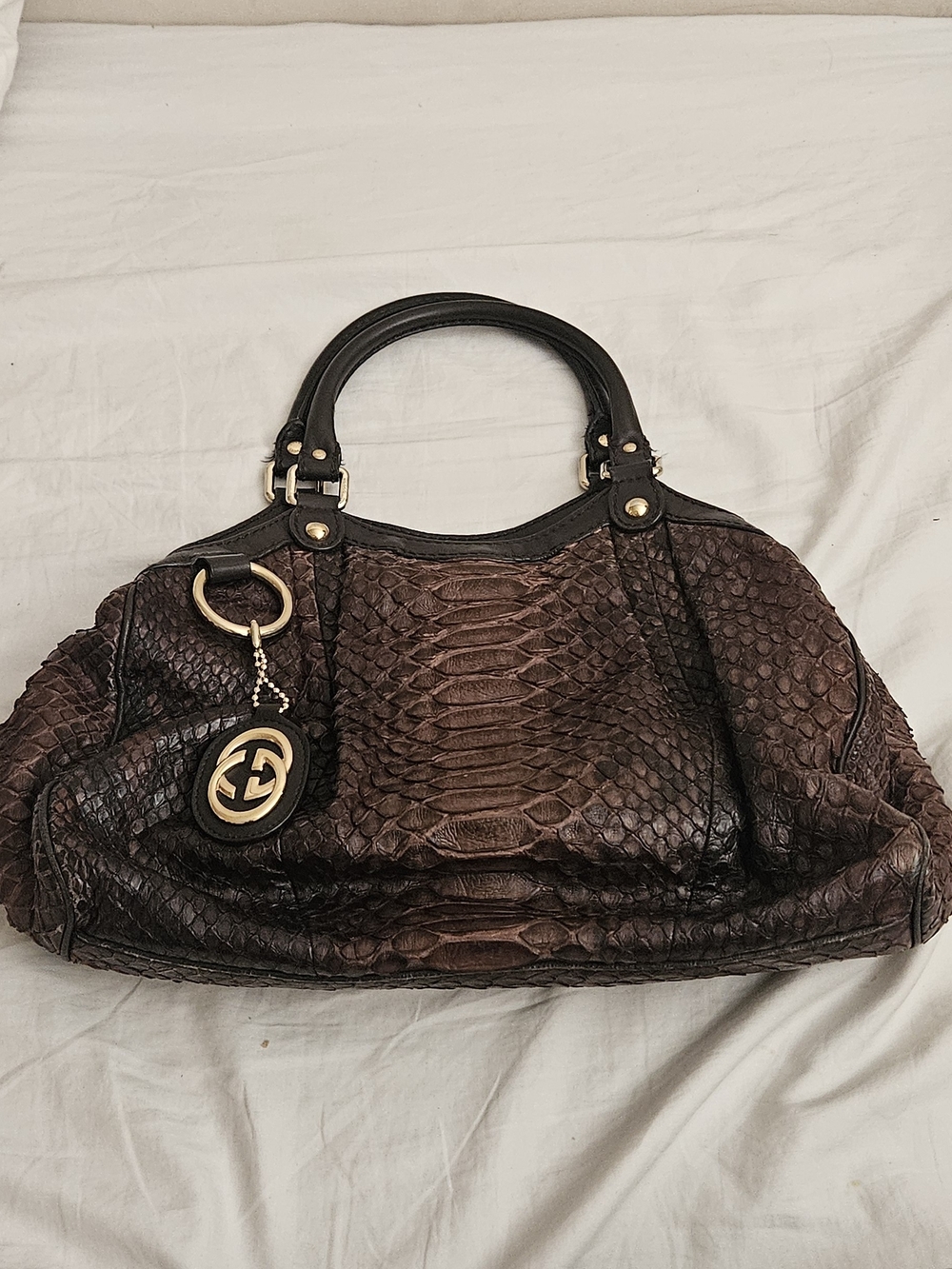 Gucci Dark Brown Python-Textured Satchel with Gold Logo Charm